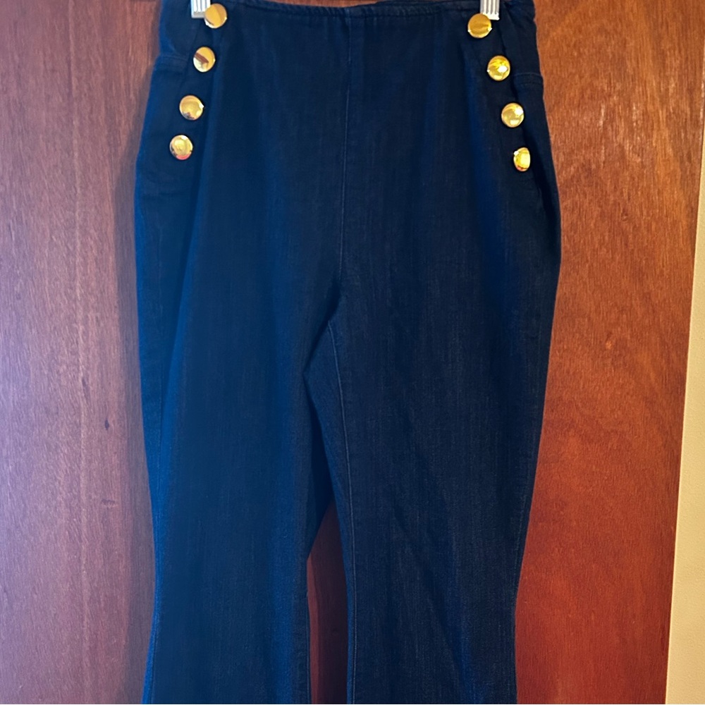 EUC INC DESIGN Gold Button Dark Blue Jeans Pull-On Flare Wide Leg ๐TRENDY! - Picture 4 of 16